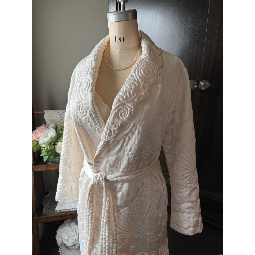 Vintage 90s Quilted Shell Trapunto Long Robe Cream Satin Dressing Gown L - Picture 2 of 14